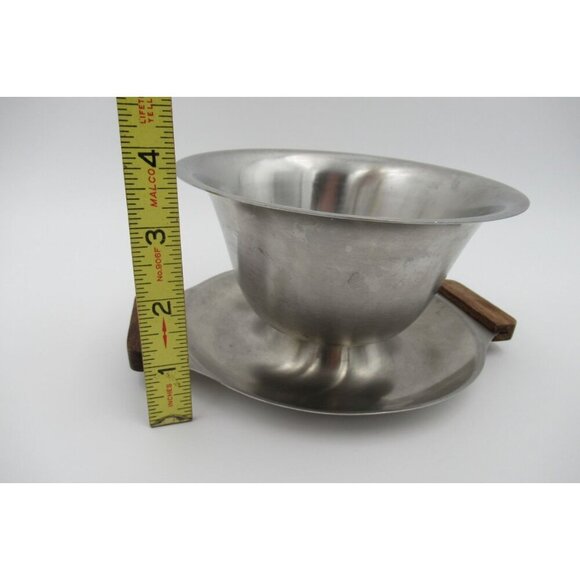 70's Japan Stainless Steel Gravy Boat Bowl Attached Drip Plate Wood Handles 18-8 - Picture 4 of 5